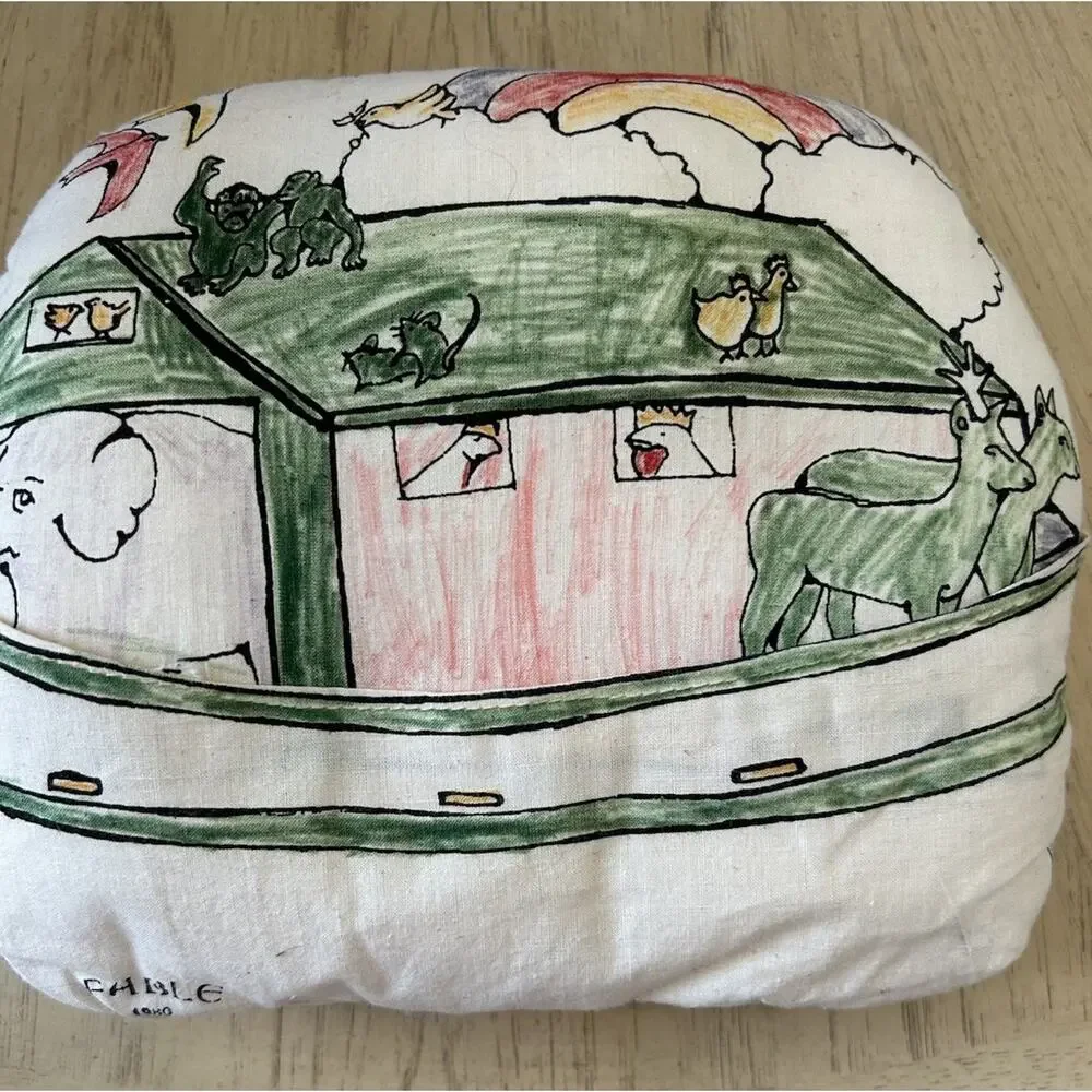 VTG Decorative Art Pillow Noah’s Ark Fable Animals Baby Crib Kid Room Cotton USA